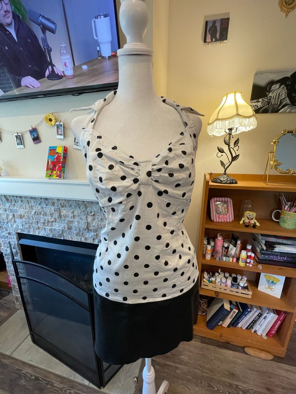 deadly dames black and white polka dot halter collar top